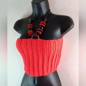 Red Crop Top Crochet Halter Tube Shirt Necklace Cord Strap Closure